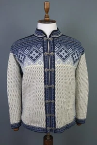 DALE OF NORWAY Blue Beige Fair Wool Clasp Ski Knit Cardigan Sweater Size M / 50 - Picture 1 of 17