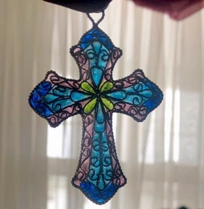 Plique-A-Jour Glass Enamel Cross Pendant 2.75 Inch - Picture 1 of 5