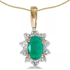 14k Yellow Gold Oval Emerald And Diamond Pendant with 18" Chain - Picture 1 of 3