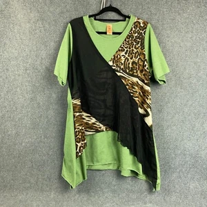 Fan Top Womens Plus Size 20 Vintage Green Stretch Asymmetric Short Sleeve Tunic - Picture 1 of 7