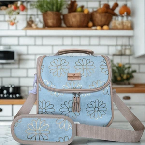 Natural Elements Insulated Lunch Bag Tote Light Blue with Floral Pattern NWOT - Picture 1 of 8
