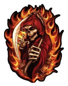 Aufkleber Brennender Sensemann Totenkopf 10 x 6,5 cm Flaming Reaper Sticker - Bild 1 von 1