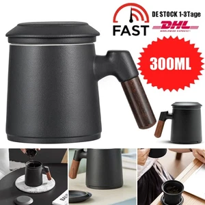 Teetasse mit Deckel und Teesieb 300ml Große Holzgriff Teebecher Kaffee Becher DE - Bild 1 von 17