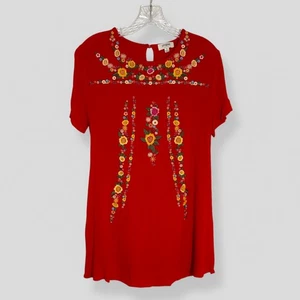 Umgee Size Small Red Colorful Floral Embroidered Tunic Short Sleeve Casual Boho - Picture 1 of 8