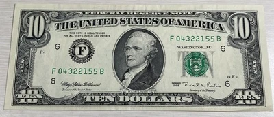 Vintage 1995 US Mint $10 Bill- Serial Number Cool- F04322155B Great Condition ￼￼ - Image 1 of 2