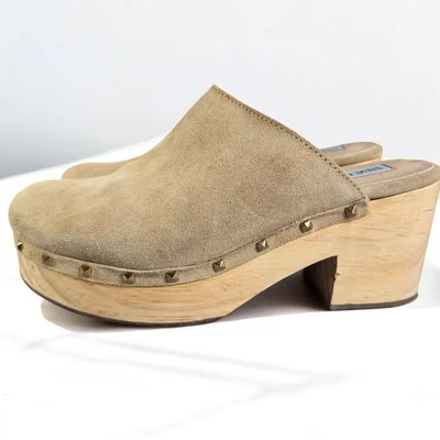 Steve Madden Brooklyn Clog Platform Wood Heel Studded Tan Suede Mules Women 9M - Image 1 of 4