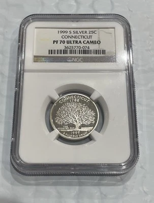 1999 S Silver 25C CONNECTICUT State Quarter NGC PF70 ULTRA CAMEO Brown Label - Image 1 of 3