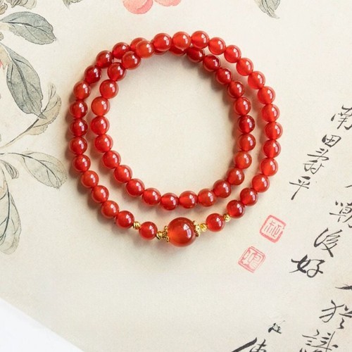 VALENTINO Bracciale Agata Rossa Naturale Doppio Cerchio Bracciale Cristallo con Gelatina di Litchi