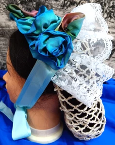 Teal Silk and Lace Dinner Bonnet c Rose & White Lace Civil War Reproduction Hat - Picture 1 of 8