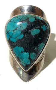 Sterling Silver Turquoise Navajo Carved Native Vintage Ring Size 8 - Picture 1 of 7