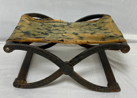 Antique Cast Iron Folding Buggy Seat Carriage Stool J.B Foote Foundry Old Fabric Cover