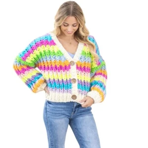 NEU Grobstrick-Cardigan Damen Knopfleiste Regenbogen gestreift Zopfmuster Größe M - Bild 1 von 11