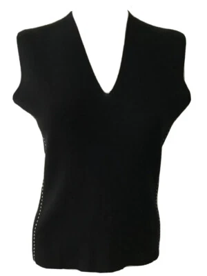 Vintage Jaeger Black Italian Wool V-neck Sleeveless Sweater Top White Trim Sz M - Изображение 1 из 4