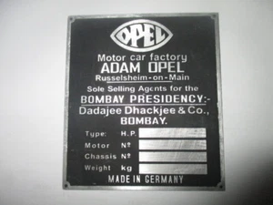 Placa de características Opel vintage placa Bombay india Mumbay dadajee Dhackjee S33 - Imagen 1 de 1