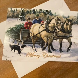 Bringing Home the Christmas Tree White Horse Holiday Blessing Greeting Card - Picture 1 of 4