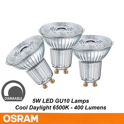 3 x OSRAM Dimmable LED Downlight Globes Bulbs Lamps 5W 240V GU10 Daylight 6500K - Image 1 of 3