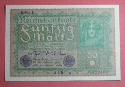 GERMANY 50 Mark 1919 Papiermark Reihe 1 Banknote Nr729401 Reichsbanknote Pick 66 - Image 1 of 2