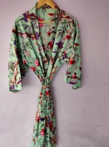 Indian Light Green Bird Printed Kimono Cotton Kimono Nightwear Maxi Gown Kimono - Picture 1 of 5