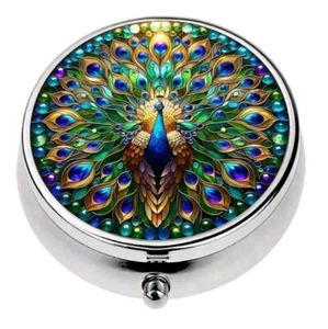 Beautiful Blues Greens Peacock Metal 3 Compartment Mirror Pill Box - Picture 1 of 4