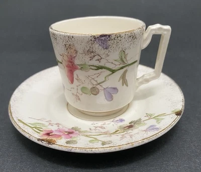 Taza y platillo floral antiguo Franz Anton Mehlem Royal Bonn pintado a mano Alemania Foto 1 de 4