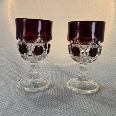 EAPG Doyle #250 Red Block Ruby Stained  Wine Cocktail Goblets 4 Inch Set of 2 - Image 1 of 4