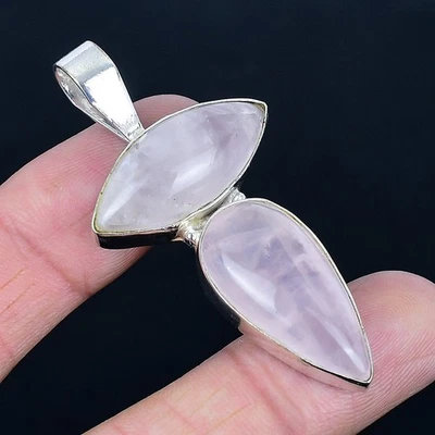 Pendente In Argento Sterling 925 Con Pietra Preziosa In Quarzo Rosa 2.37" - Immagine 1 di 4