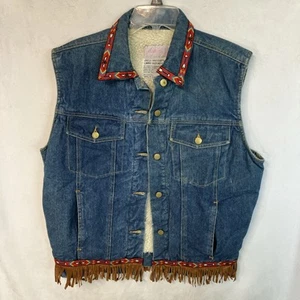 Gilet vintage Daniel uomo denim, fodera in lana, frange in pelle, taglia M - Foto 1 di 8