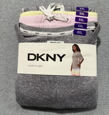 全新带标签 DKNY 2 件套 Capri PJ 套装灰色/多色条纹上衣和裤子女式 XXL 码 — 第 1/4 张图片