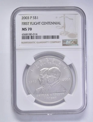 MS70 2003-P First Flight Commemorative Silver Dollar $1 NGC Brown Lbl *6479 - Image 1 of 4