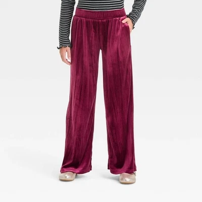 Girls' Velvet Wide Leg Pants - Cat & Jack™ Burgundy XS - Image 1 of 4