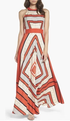 Maxi Vestido Eliza J Bufanda Estampado de Puntos Crepé de China Ajuste y Acampanado Halter Pajarita 2 P Foto 1 de 4