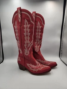 Ouepiano Womans Red Cowboy Boots With Stitched Designs Size 7 - Picture 1 of 14