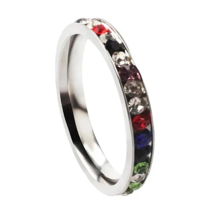 Women’s 3mm Stainless Steel Eternity Ring – Color Crystal Stackable Band Christm - Image 1 of 4