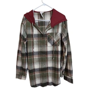 La Miel Womens Hooded Plaid Flannel Shirt Medium Green Brown Burgundy Western - Picture 1 of 13