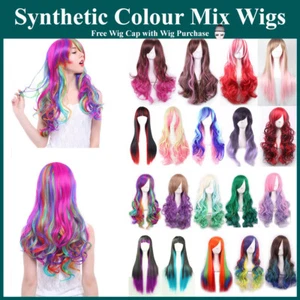 Colours Mixed Long Straight Wavy Wigs with Bangs Cosplay Lolita Costume Women - Picture 1 of 65