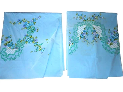 VINTAGE  J.C. PENNEY GARLAND FLORAL BLUE RIBBONS (2P) TWIN FLAT SHEET SET 66X90 - Image 1 of 4