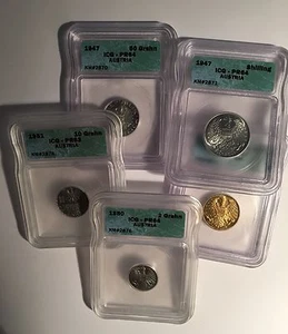 AUSTRIA CERTIFIED ICG CHOICE PROOFS: 1951 10 & 20 GROSCHEN, 1947 SCHILLING, 1947 - Picture 1 of 3