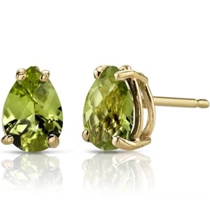Pear Shape Peridot Stud Earrings 14K Yellow Gold 1.50 Carats - Picture 1 of 5