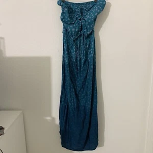 Tiare Hawaii Women’s Maxi Dress OS Teal Polka Dot Ombré Cut Out Tie Side Slit - Picture 1 of 4