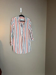 ARTISAN NY 100% Linen Roll Tab Long Sleeve Striped Long Tunic Size M - Picture 1 of 3