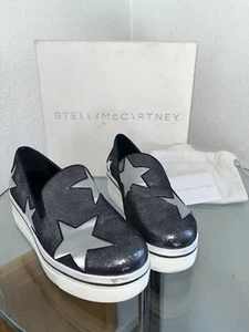 Stella McCartney Metallic Grey Faux Suede And Satin Binx Star Platform Sneakers - Picture 1 of 11