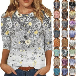 Women's Fashion Casual Round Neck Three Quarter Sleeve Printed T-Shirt Top - Picture 1 of 42