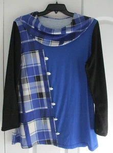 NEW XL Blue Plaid Women's Large Top Tunic Blouse Shirt Cowl Neck Large Buttons - Picture 1 of 14
