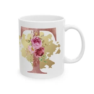 Keramiktasse, (11oz) - Buchstabe "T" Initiale Rosa Blume Gold Splash - Bild 1 von 5