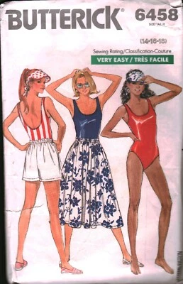 6458 Vintage Butterick SEWING Pattern Misses 1980s Swimsuit Shorts Skirt Visor - Image 1 of 2