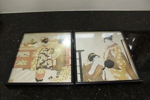 Vintage Asian Foil Etch Artwork Set of 2 With Black Aluminum Frames - Picture 1 of 12