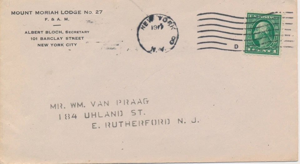 Mount Moriah Lodge no. 27 Free & Accepted Masons New York City 1911 Machine canc - Image 1 of 1