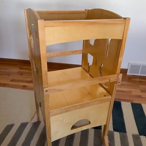 Folding Kitchen Kid Step Ladder Stool Wooden Toddler Safety Tower Helper Natural - Picture 1 of 16
