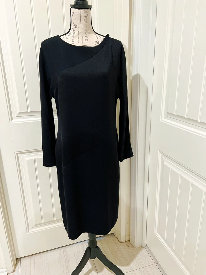 Linda Allard Ellen Tracy Cocktail Sheath Long Sleeves Black Shift Dress Sz 10 - Image 1 of 4