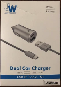 Dual Car Charger 6ft Cable USB-A USB-C - Open Box - Just Wireless - Picture 1 of 4